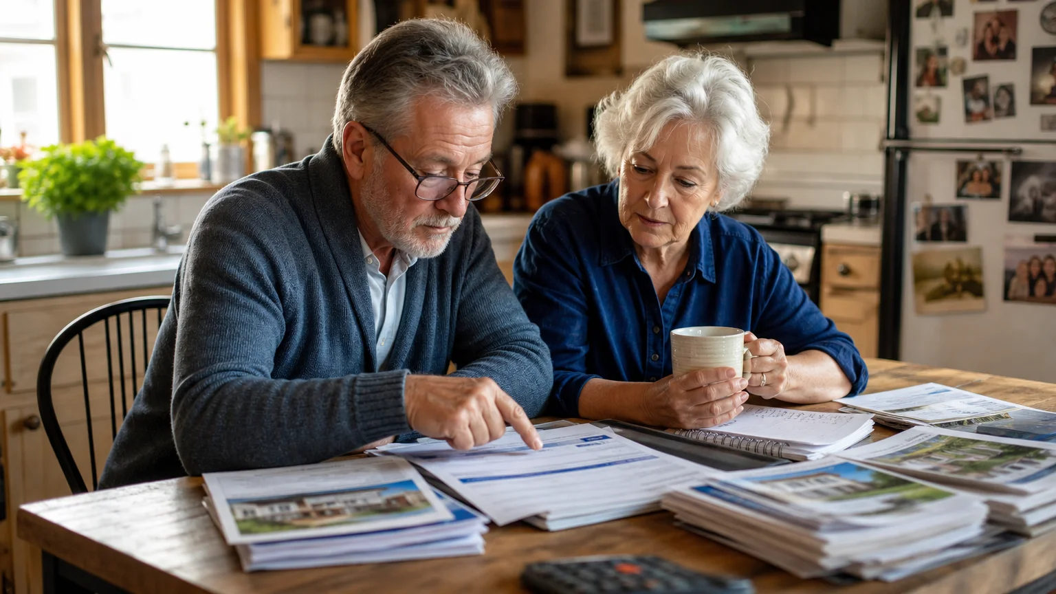A retired couple sitting at their kitchen table, carefully reviewing financial documents and real estate brochures together.