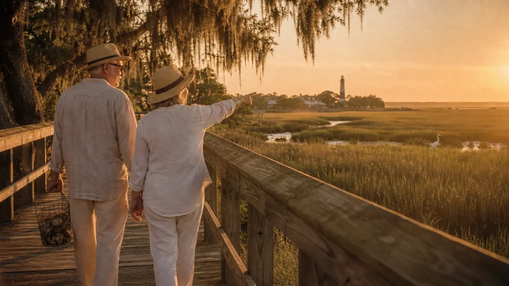 A retired couple walks on a coastal boardwalk at sunset, surrounded by Spanish moss and salt marshes in a Southern town.