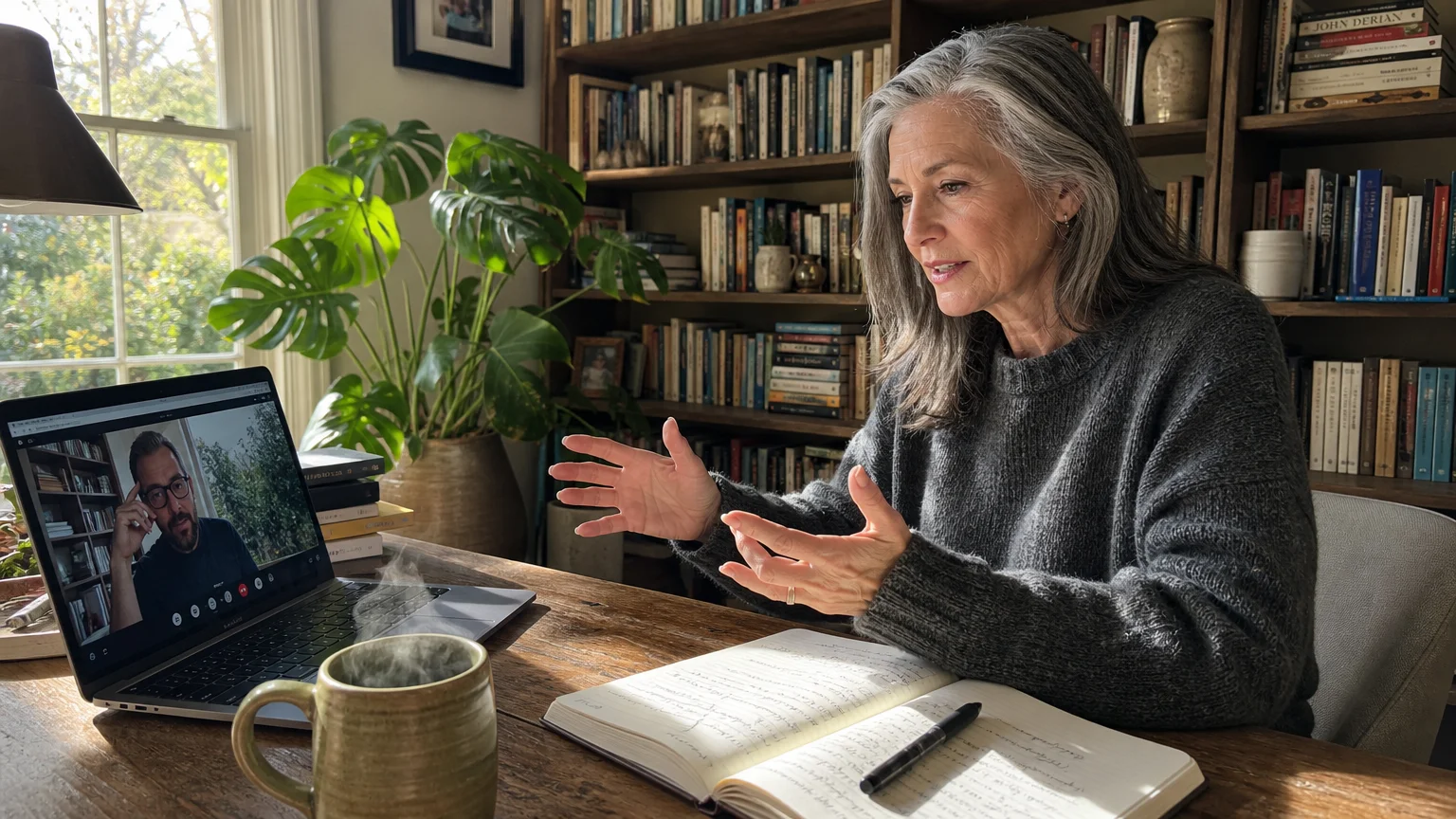 A retired female consultant working from her cozy, book-filled home office while on a video call with a client.
