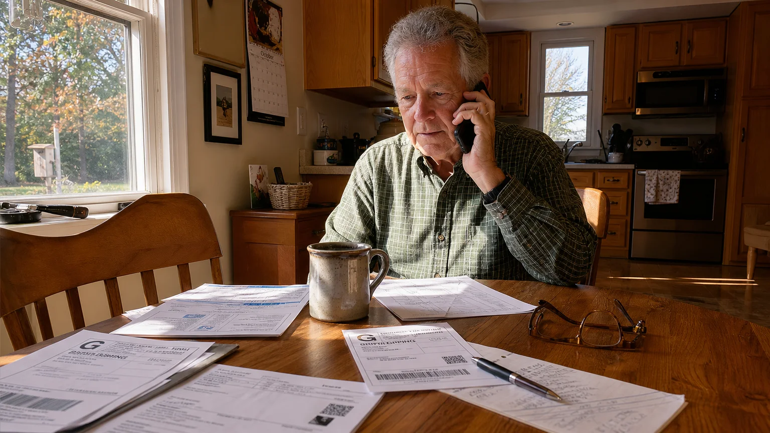 A retired man sitting at his kitchen table on the phone, surrounded by shipping documents and a coffee cup.