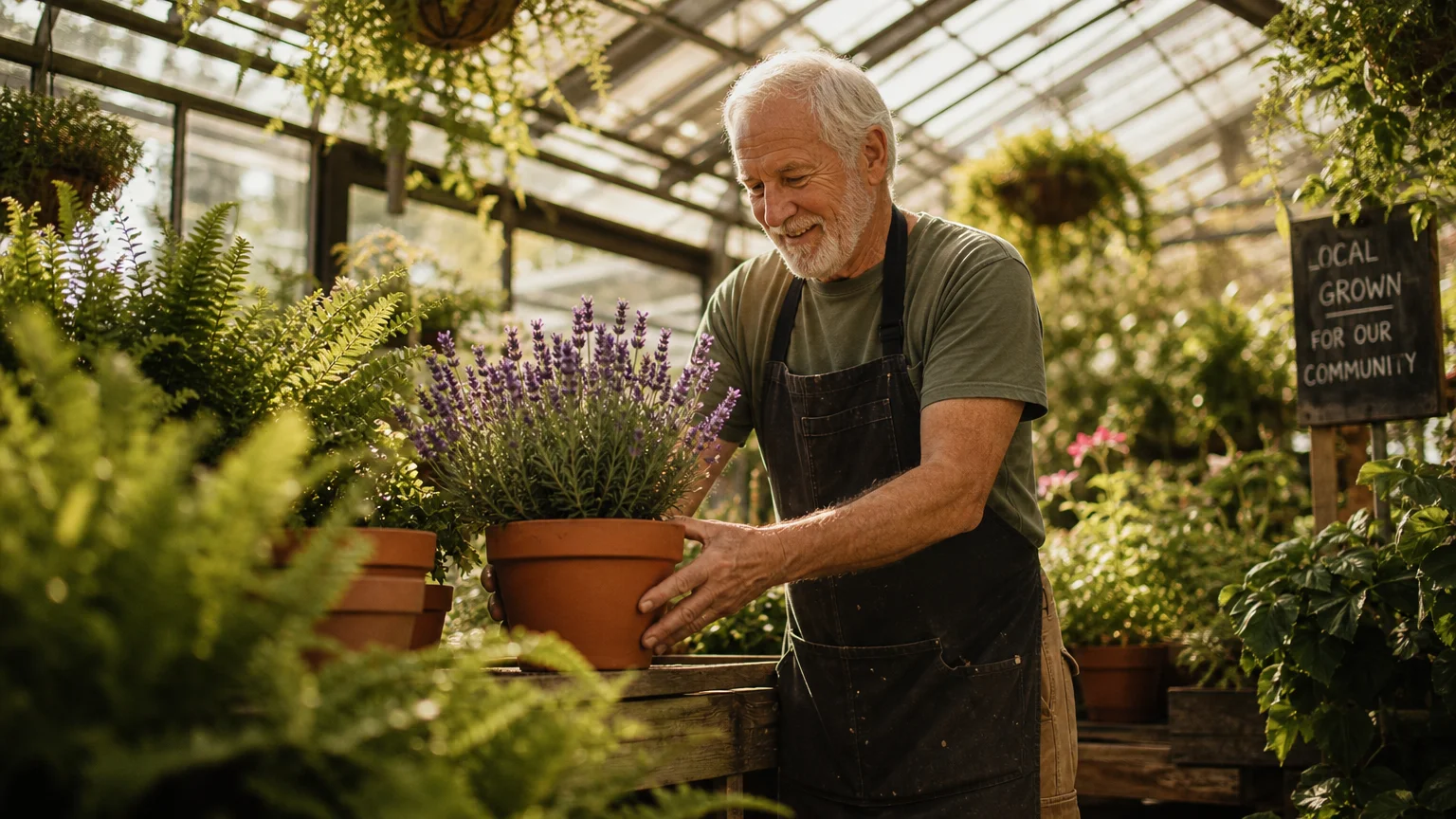 A retired man working in a sunlit plant nursery, arranging potted lavender plants on a rustic wooden table.