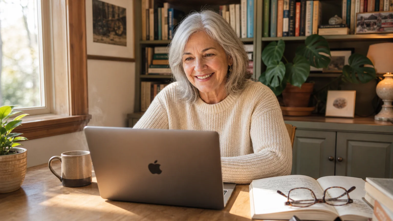 A retired woman smiling warmly while speaking to an expert on a video call in her cozy, sunlit home office.