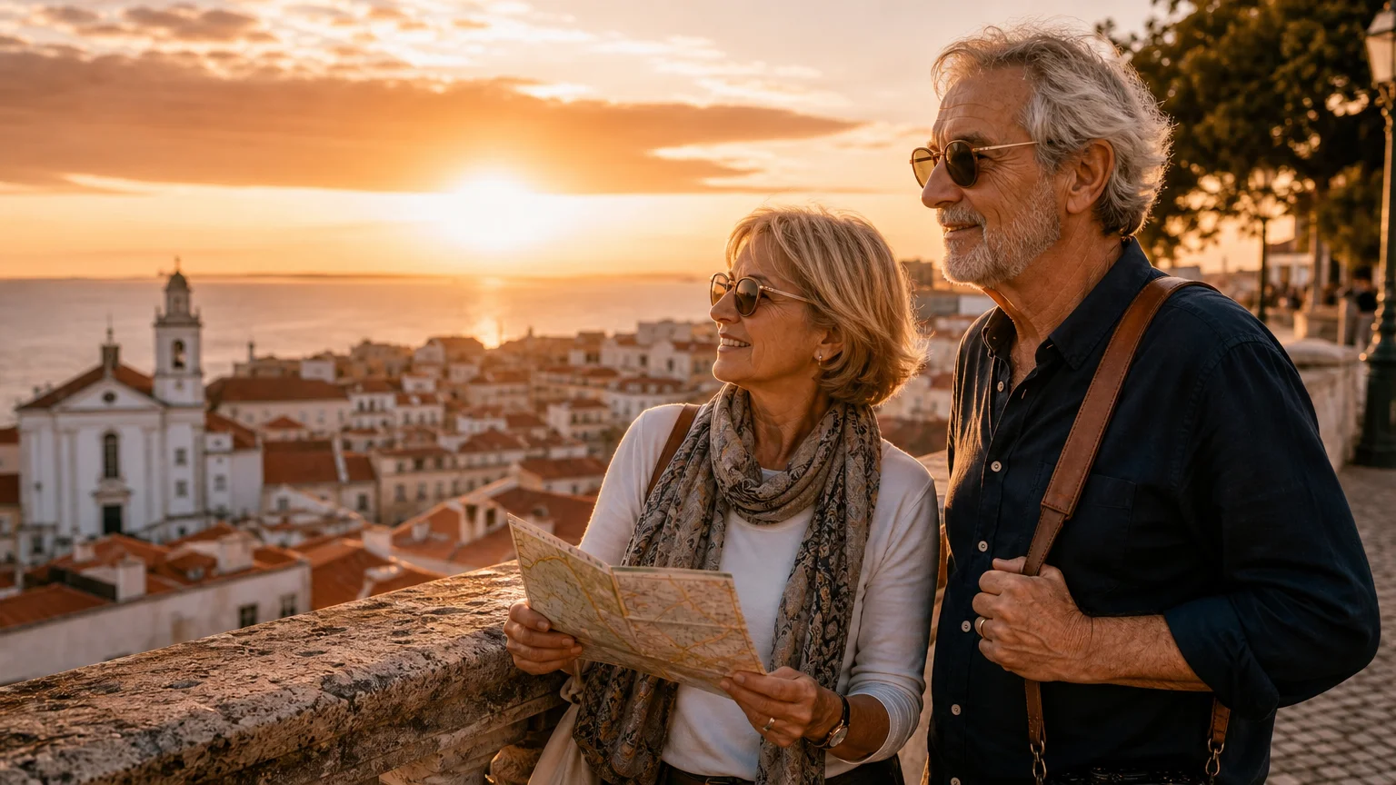 A retiree couple looks out over a historic sun-drenched European city at sunset, holding a map on a stone balcony.