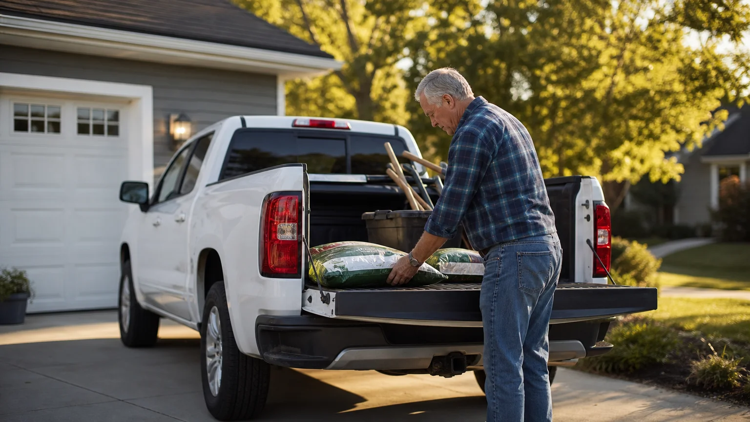 A retiree unloading gardening supplies from a clean white pickup truck parked in a sunny suburban driveway.