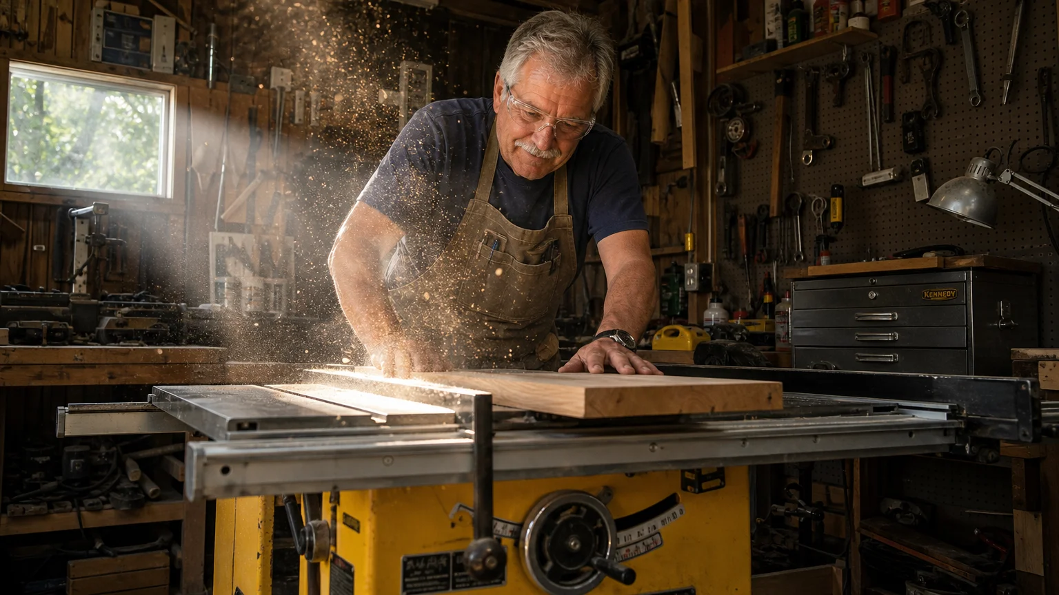 A retiree working in his garage workshop with a heavy-duty commercial table saw in a beam of morning sunlight.