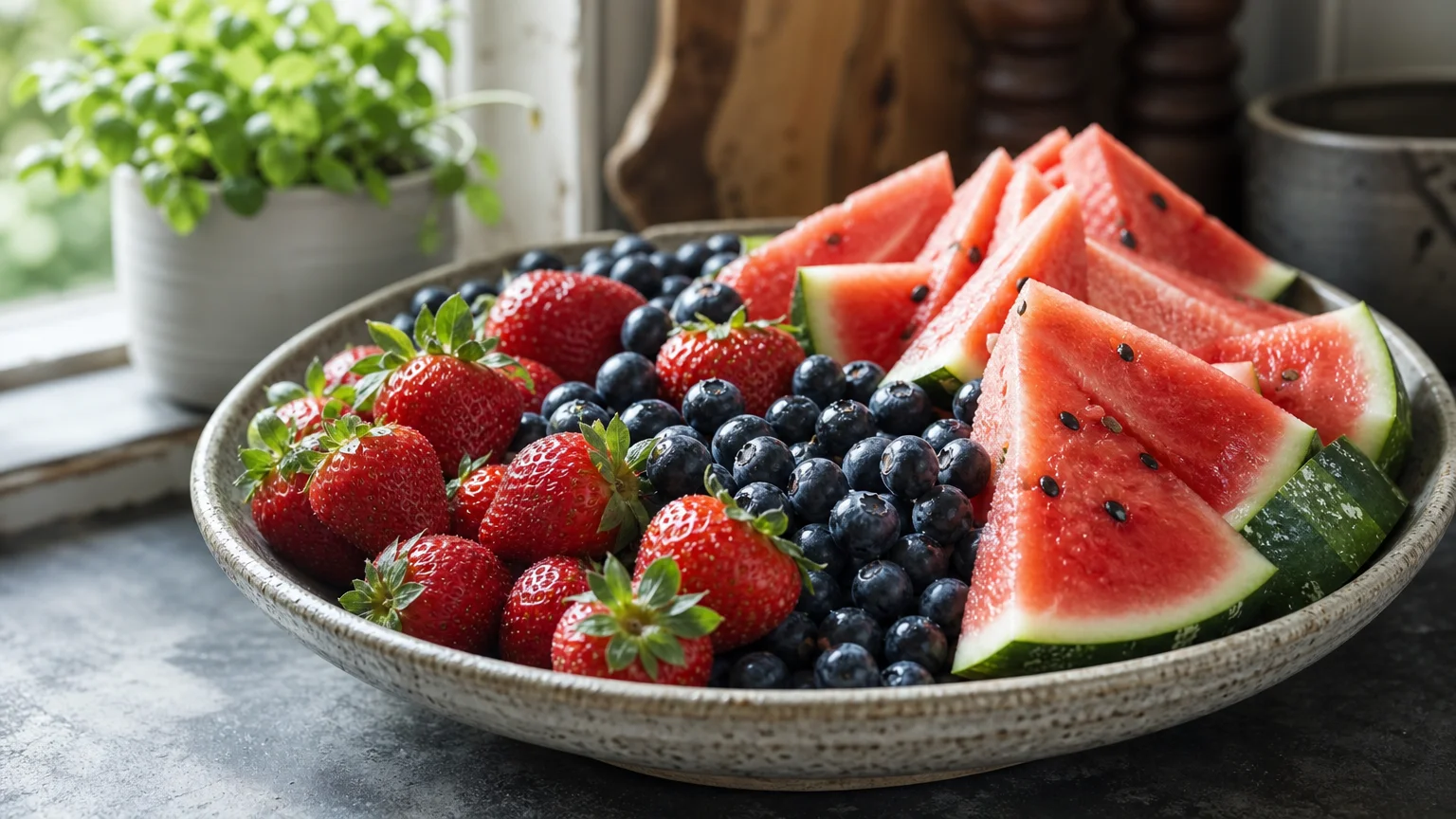 A rustic ceramic bowl filled with fresh strawberries, blueberries, and sliced watermelon on a dark stone countertop.