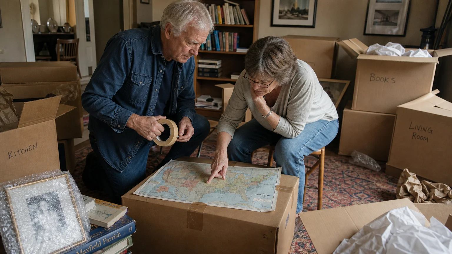 A senior couple amidst moving boxes in their living room, looking over a map while preparing for relocation.