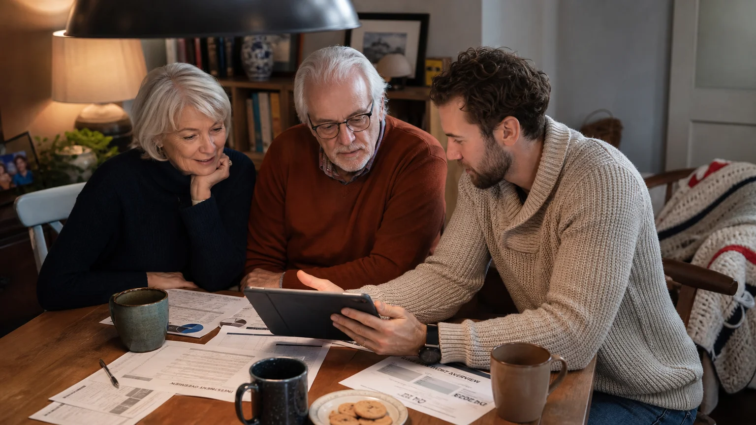 A senior couple and a financial advisor sit together at a dining table, looking at a tablet in a home setting.