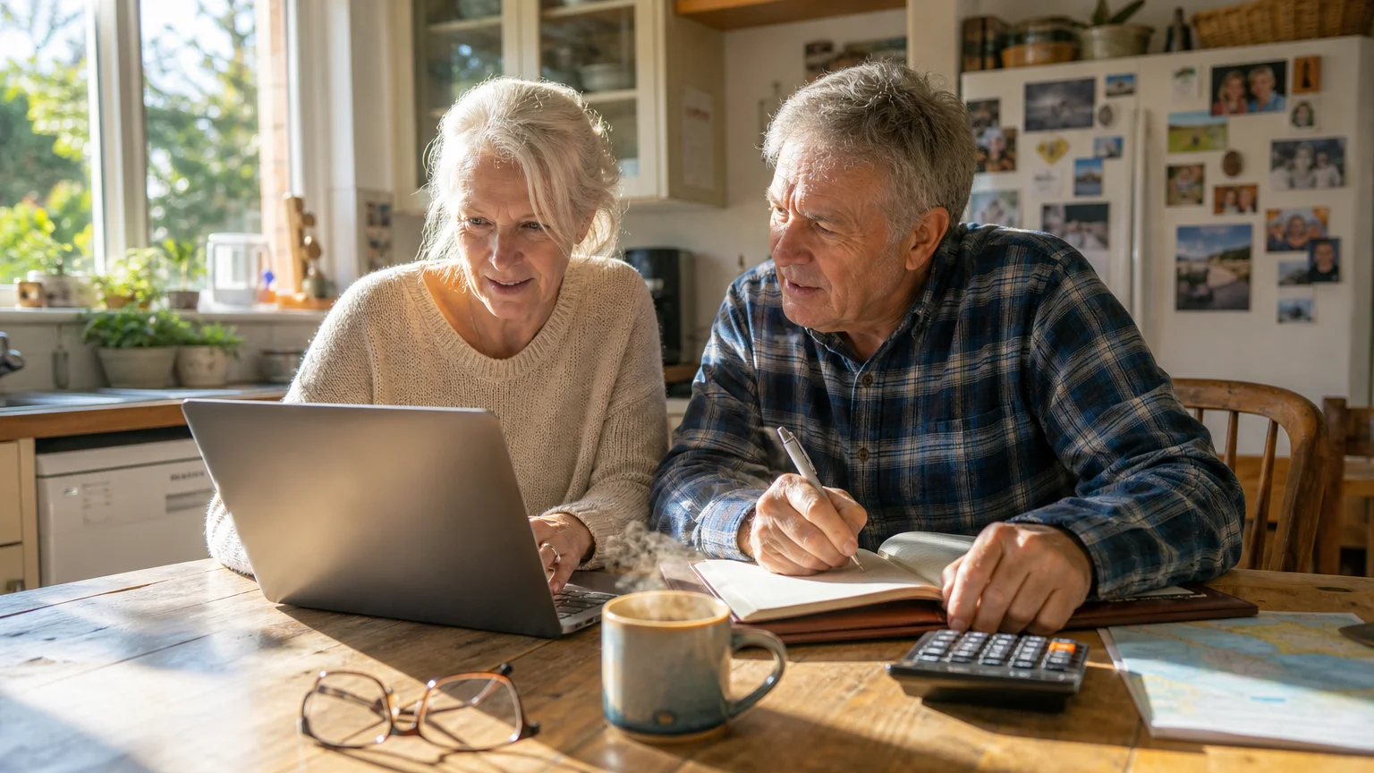 A senior couple at their kitchen table using a laptop and planner to budget for their vacation.
