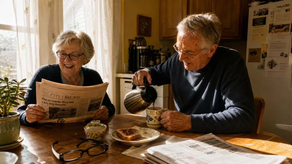 A senior couple enjoys a relaxed morning in their sunlit breakfast nook, reflecting the peace of a well-planned retirement.
