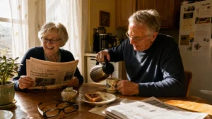 A senior couple enjoys a relaxed morning in their sunlit breakfast nook, reflecting the peace of a well-planned retirement.