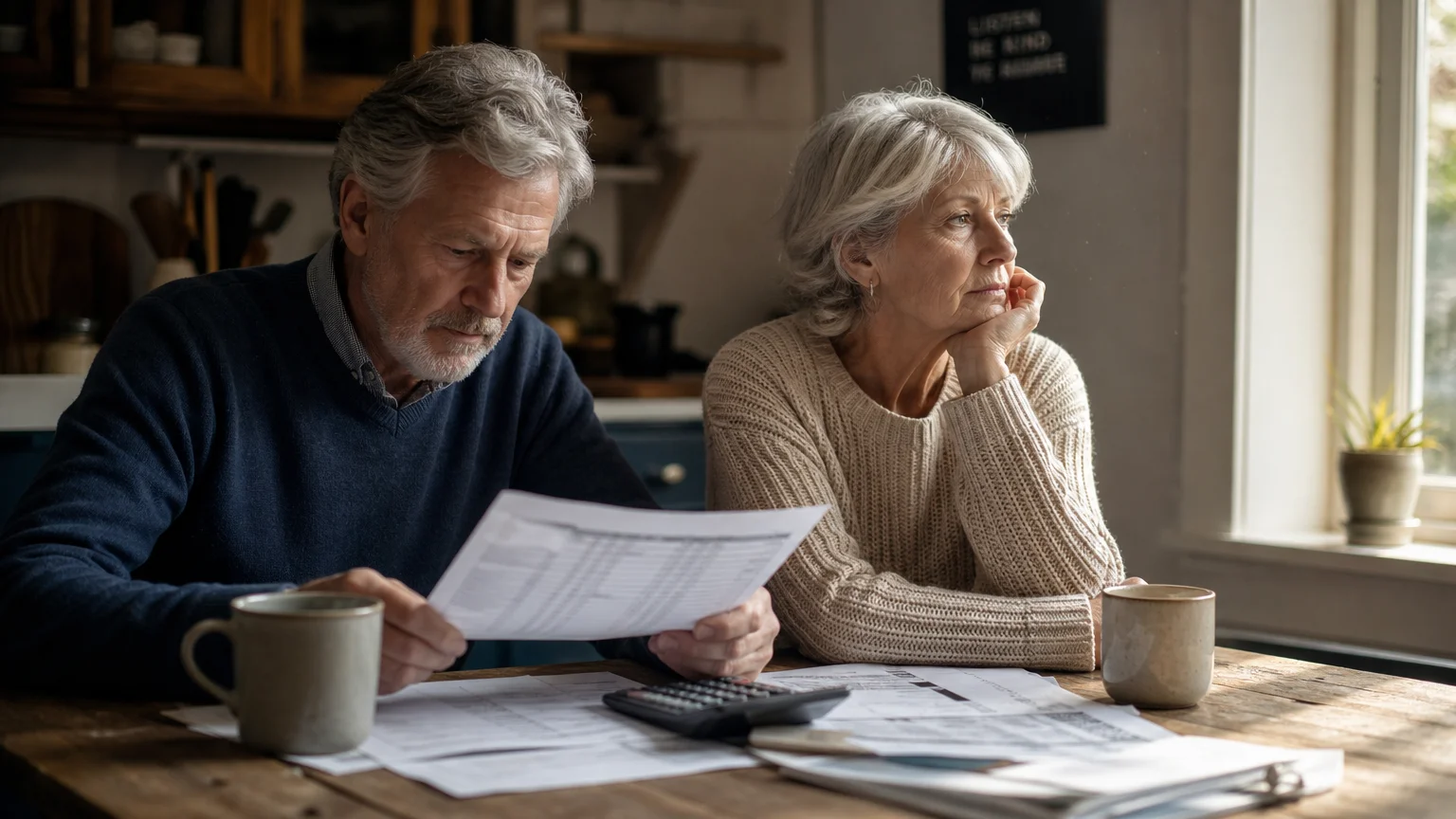 A senior couple sits at a wooden kitchen table surrounded by tax documents and coffee mugs, contemplating their retirement finances.