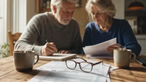 A senior couple sitting at a wooden table looking over tax documents together in a warm, naturally lit dining room.