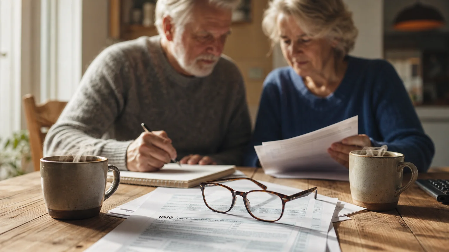 A senior couple sitting at a wooden table looking over tax documents together in a warm, naturally lit dining room.