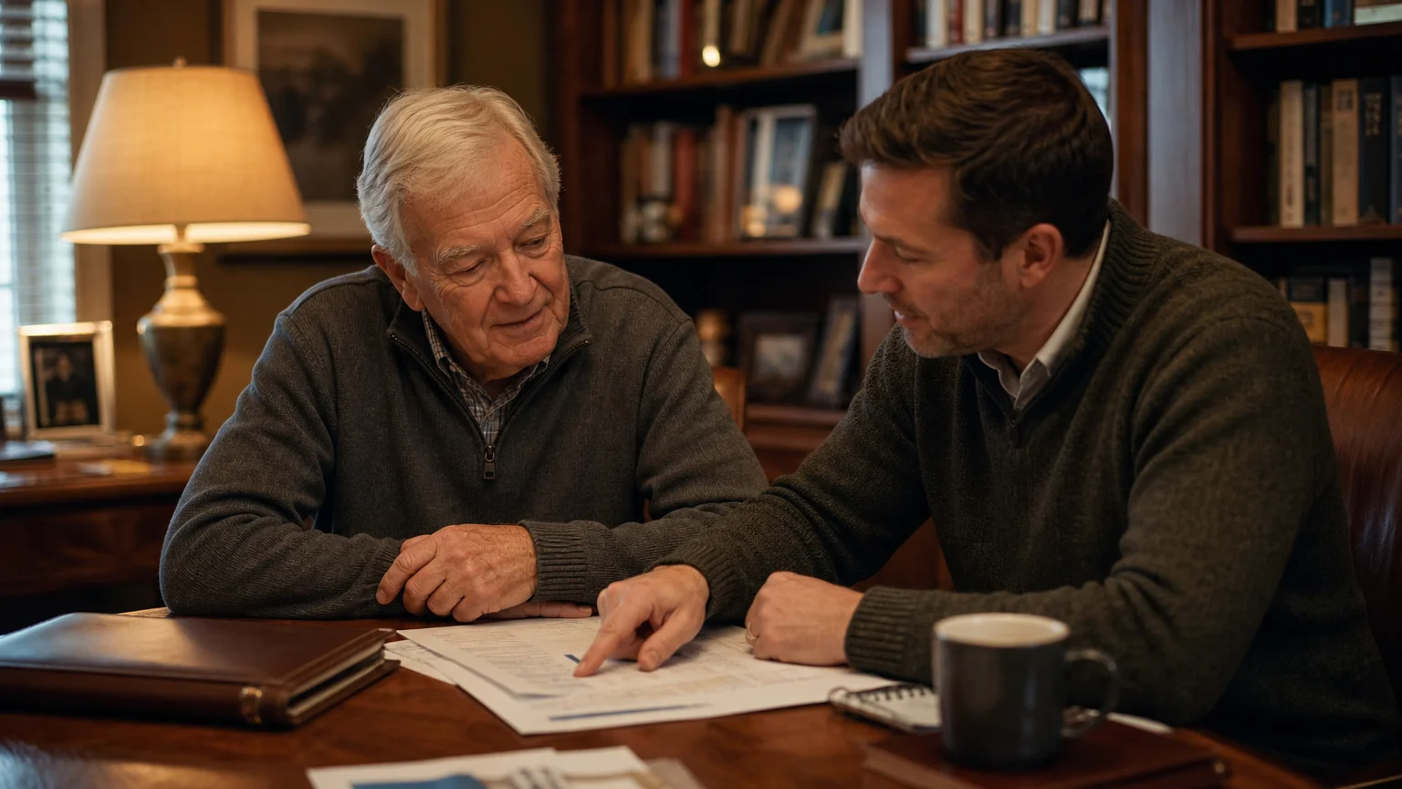 A senior man and a financial advisor consult over documents in a warm, comfortable home office setting.