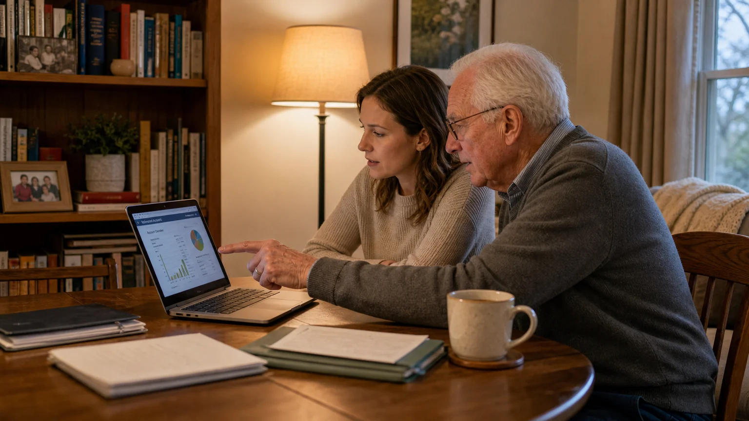 A senior man and a professional advisor review financial plans together at a kitchen table in a comfortable home setting.
