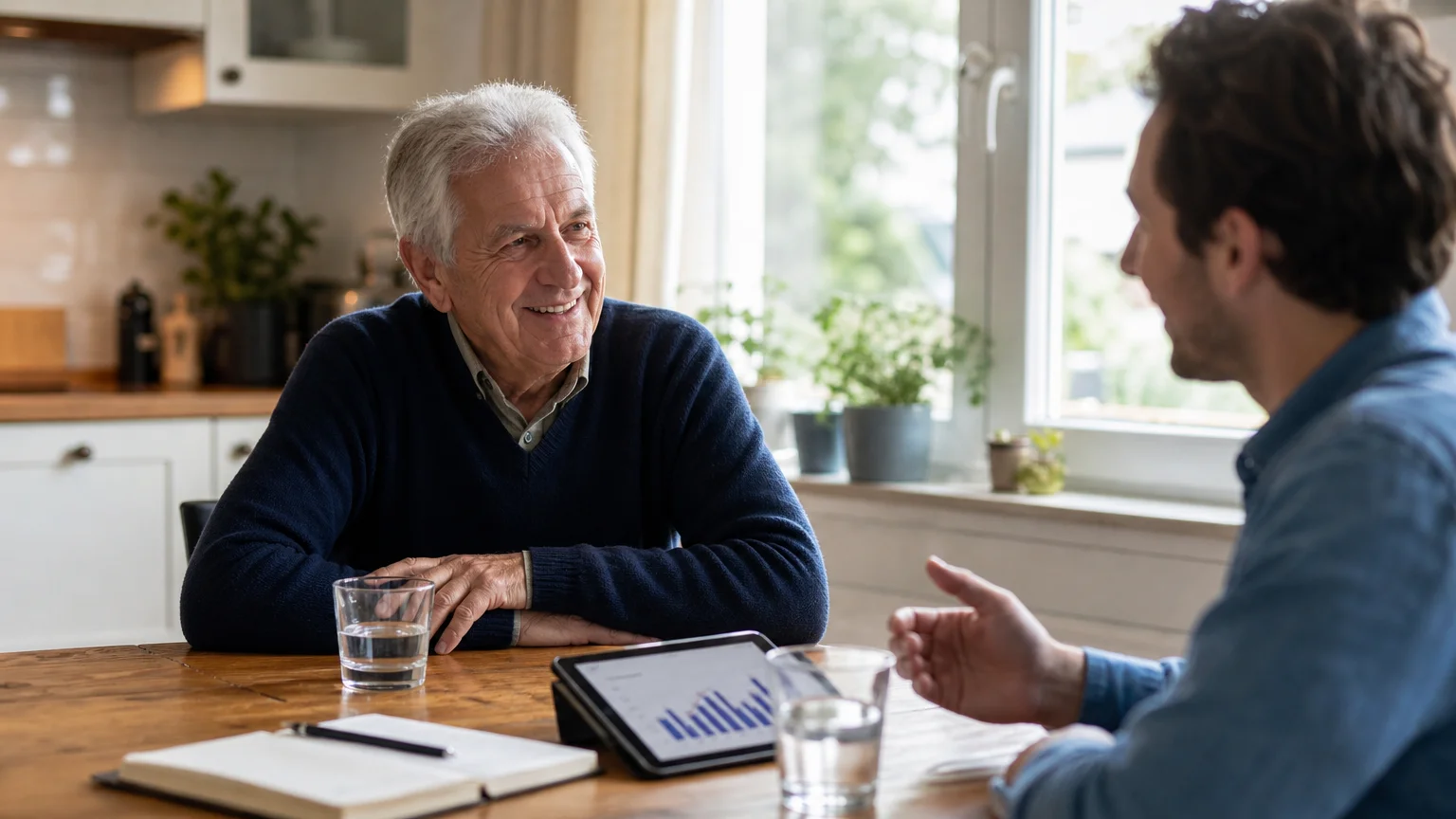 A senior man consults with a financial advisor in a casual, warm home setting over documents on a kitchen table.