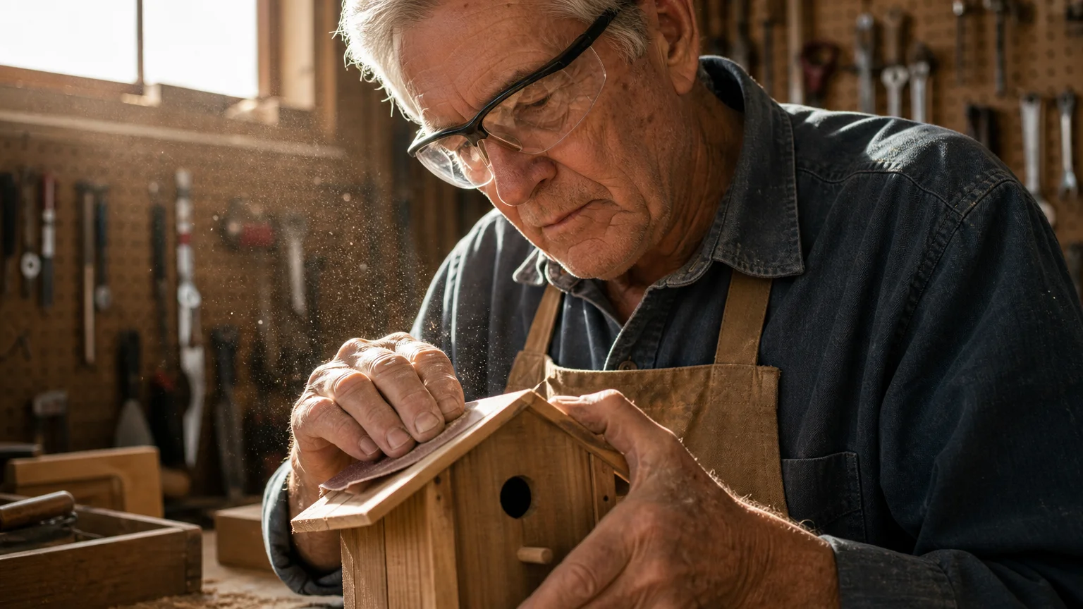 A senior man focuses on his woodworking hobby in a sunlit workshop, illustrating the importance of having a purpose.