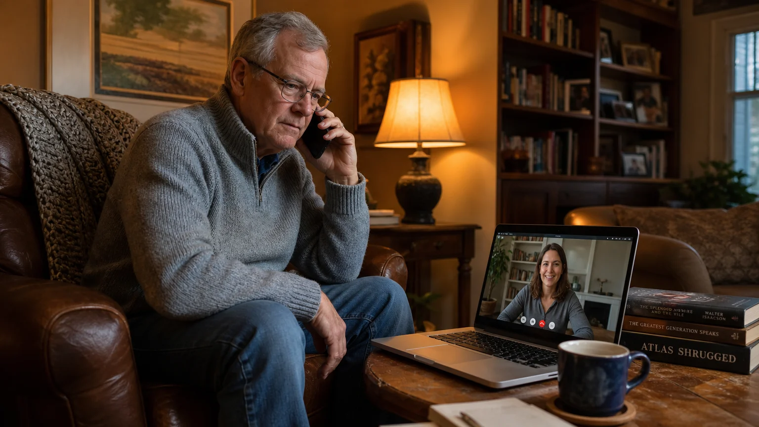 A senior man having a consultation with a financial advisor via a laptop in his living room.