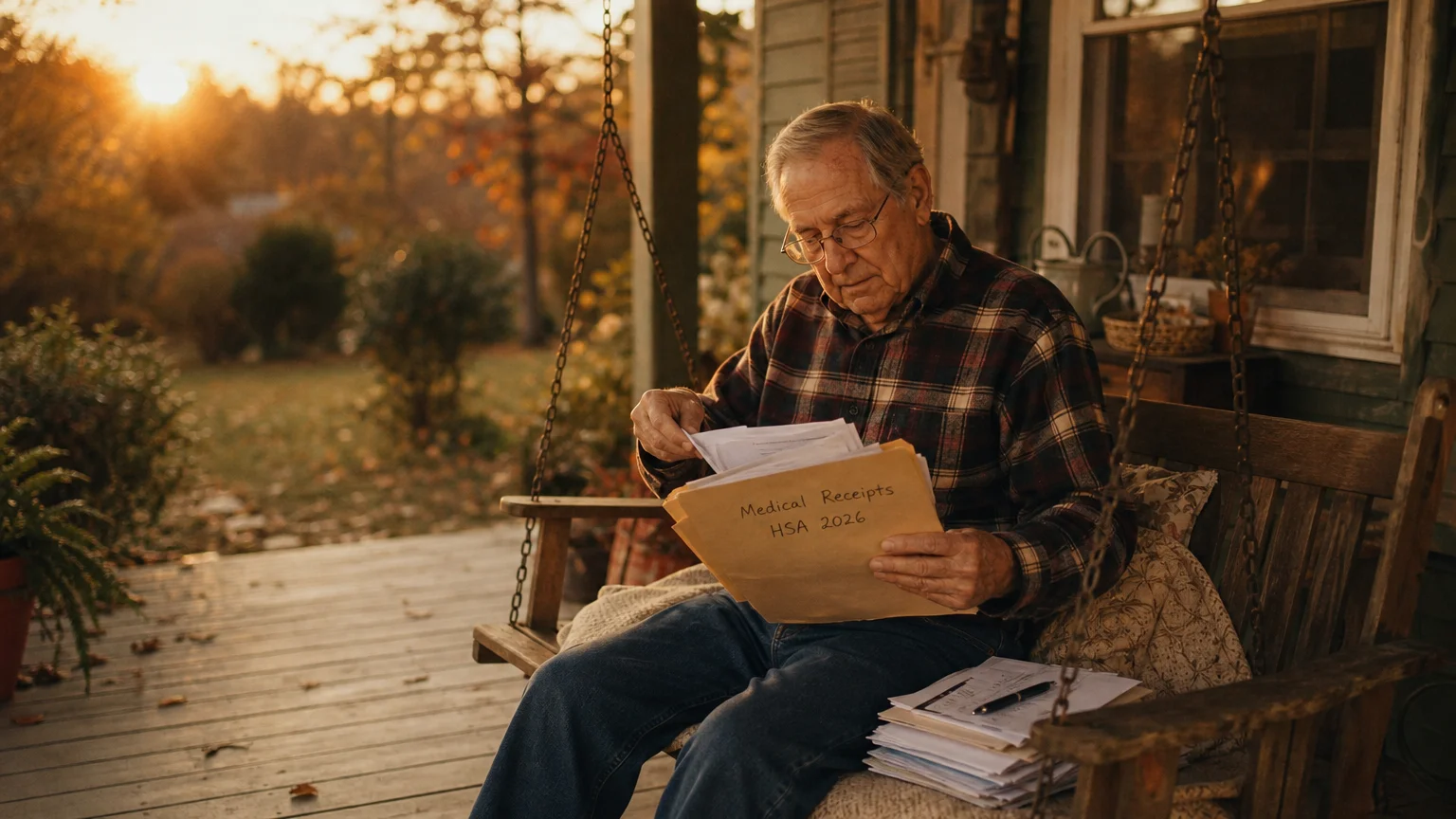 A senior man on a porch swing organizes medical receipts for tax deductions and HSA planning.