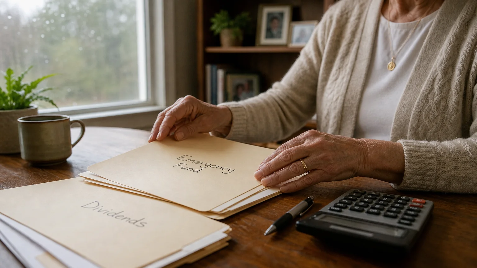 A senior person organizing financial folders labeled Emergency Fund and Dividends at a desk.