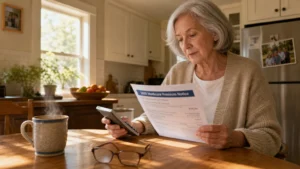 A senior woman at a kitchen table reviews her 2026 Medicare notice with a calculator in a warm, sunlit home setting.