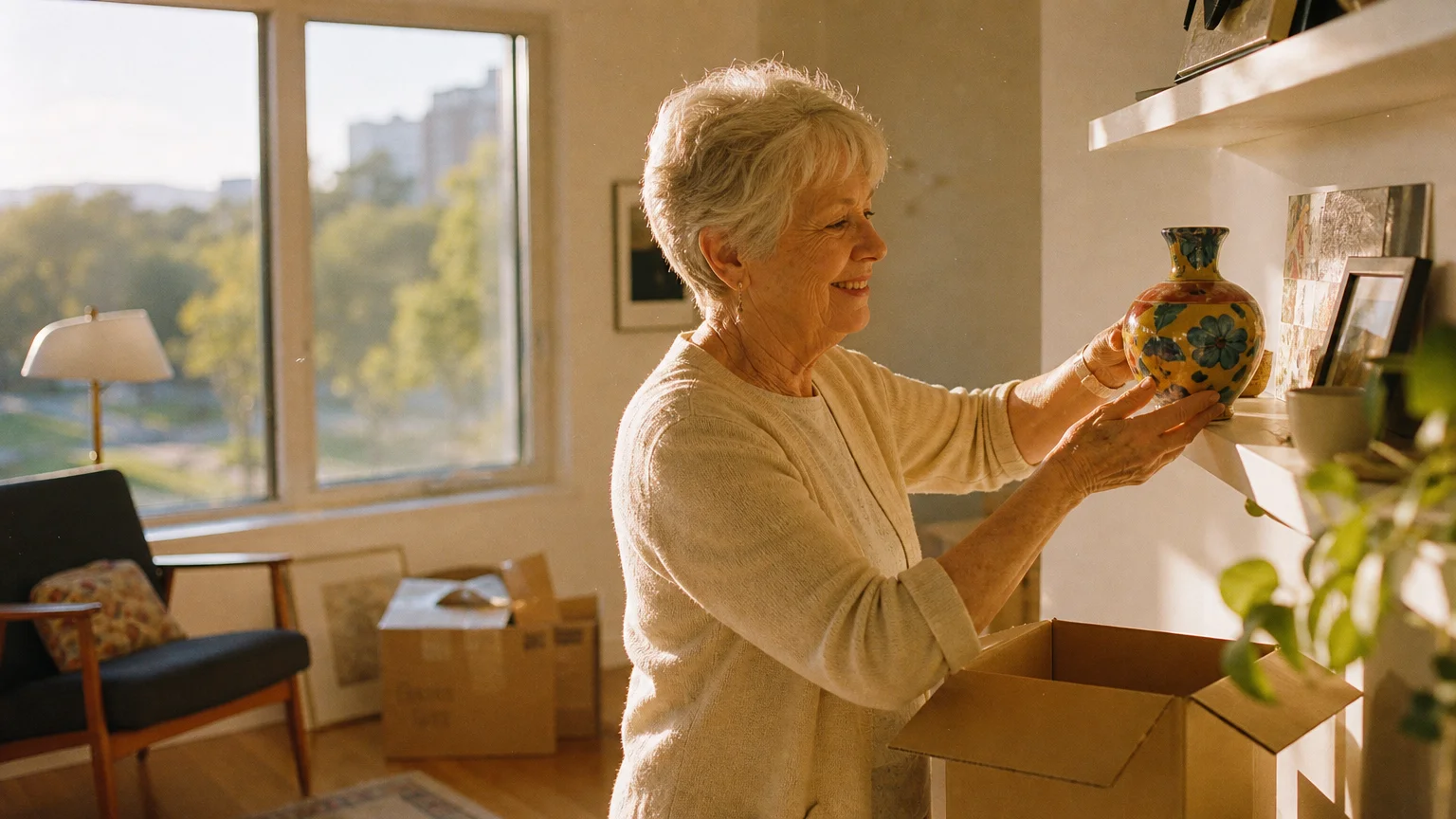 A senior woman smiles as she unpacks a vase in her new, smaller, sunlit apartment.