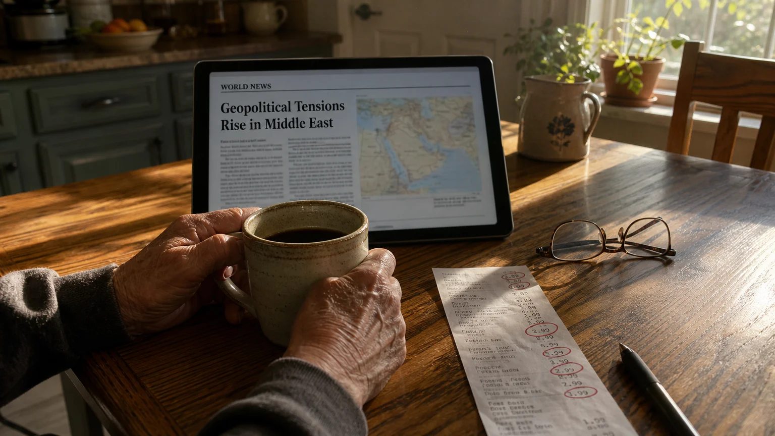 A senior's hands holding a mug next to a tablet showing news about Middle East tensions and a grocery receipt.