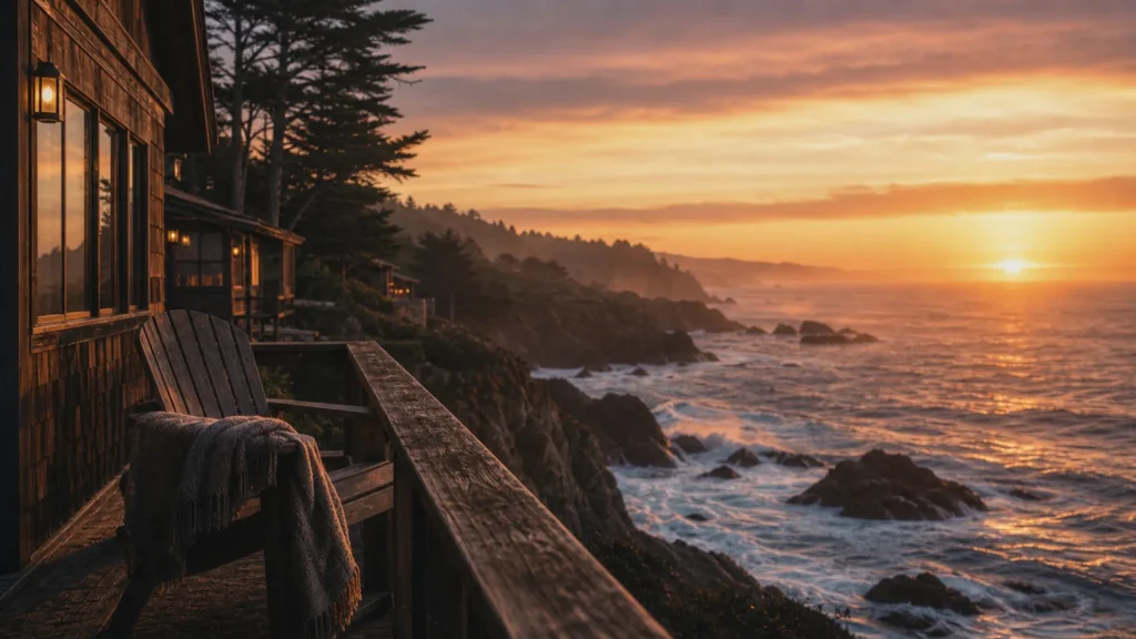 A serene sunset view of the rocky Mendocino coast from a resort balcony with a wooden chair and blanket.
