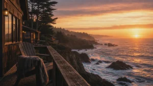 A serene sunset view of the rocky Mendocino coast from a resort balcony with a wooden chair and blanket.