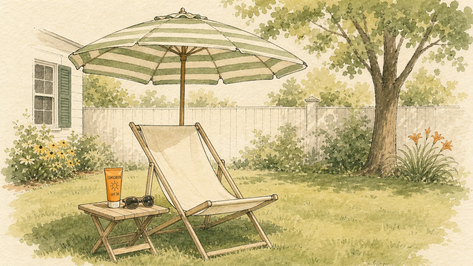 A soft watercolor illustration of a patio chair and striped umbrella next to a side table with sunscreen and sunglasses.