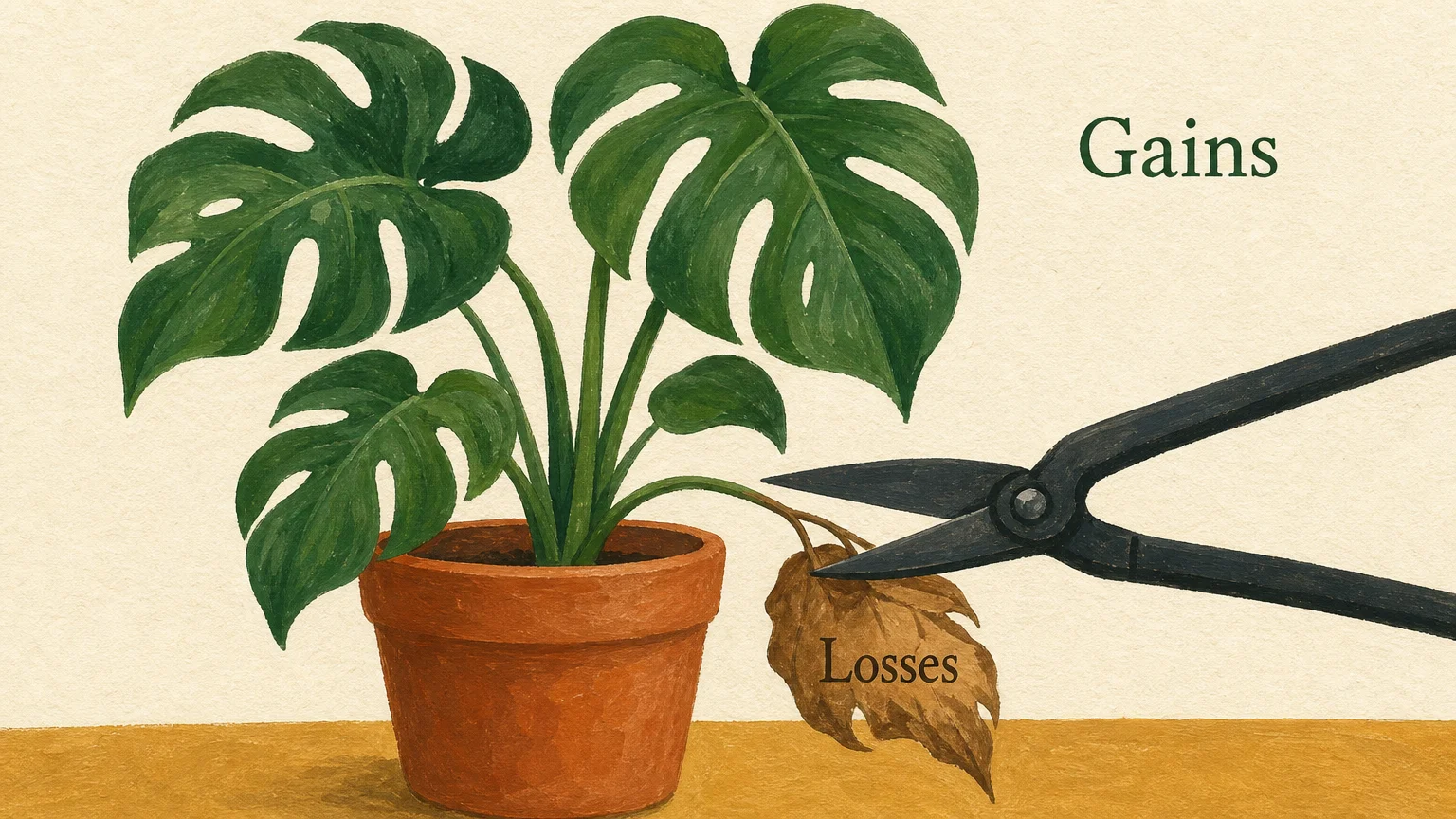 A stylized gouache painting of garden shears pruning a brown leaf labeled 'Losses' from a green plant labeled 'Gains'.
