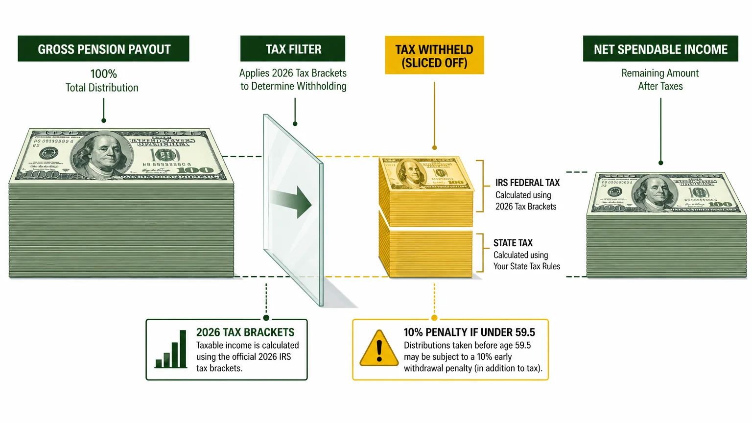 A technical diagram showing a gross pension payout being reduced by federal and state taxes to show net income.
