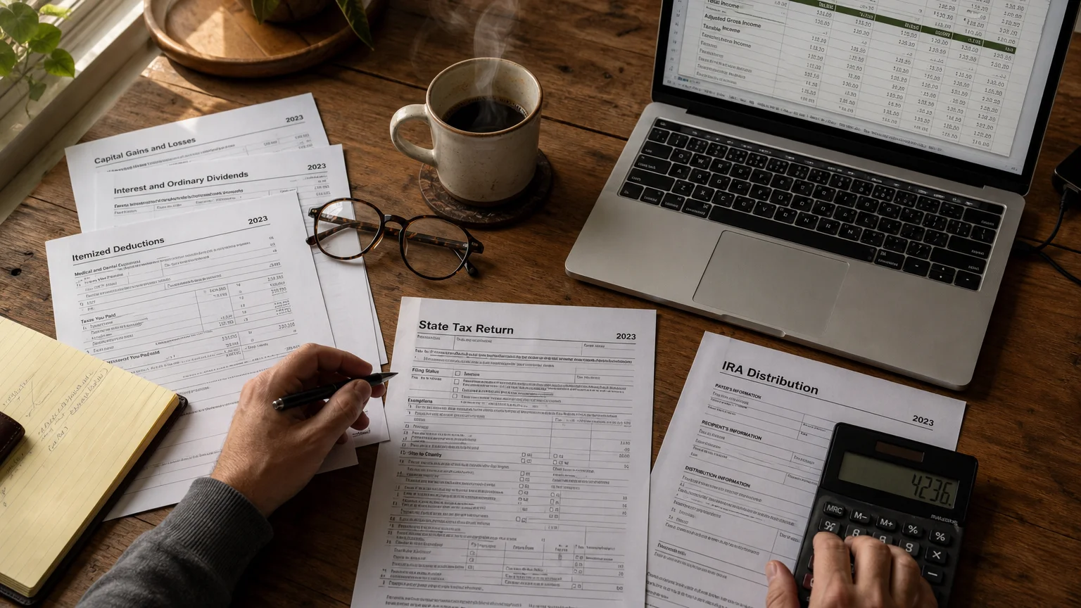 A top-down view of tax documents, a calculator, and a laptop on a wooden kitchen table.
