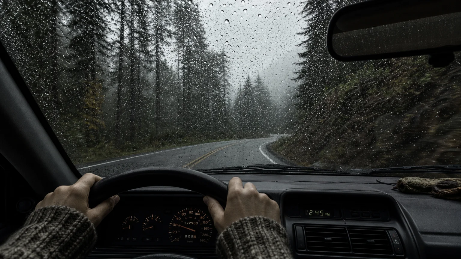 A view from a car driving through a rainy, misty forest road in Washington state.