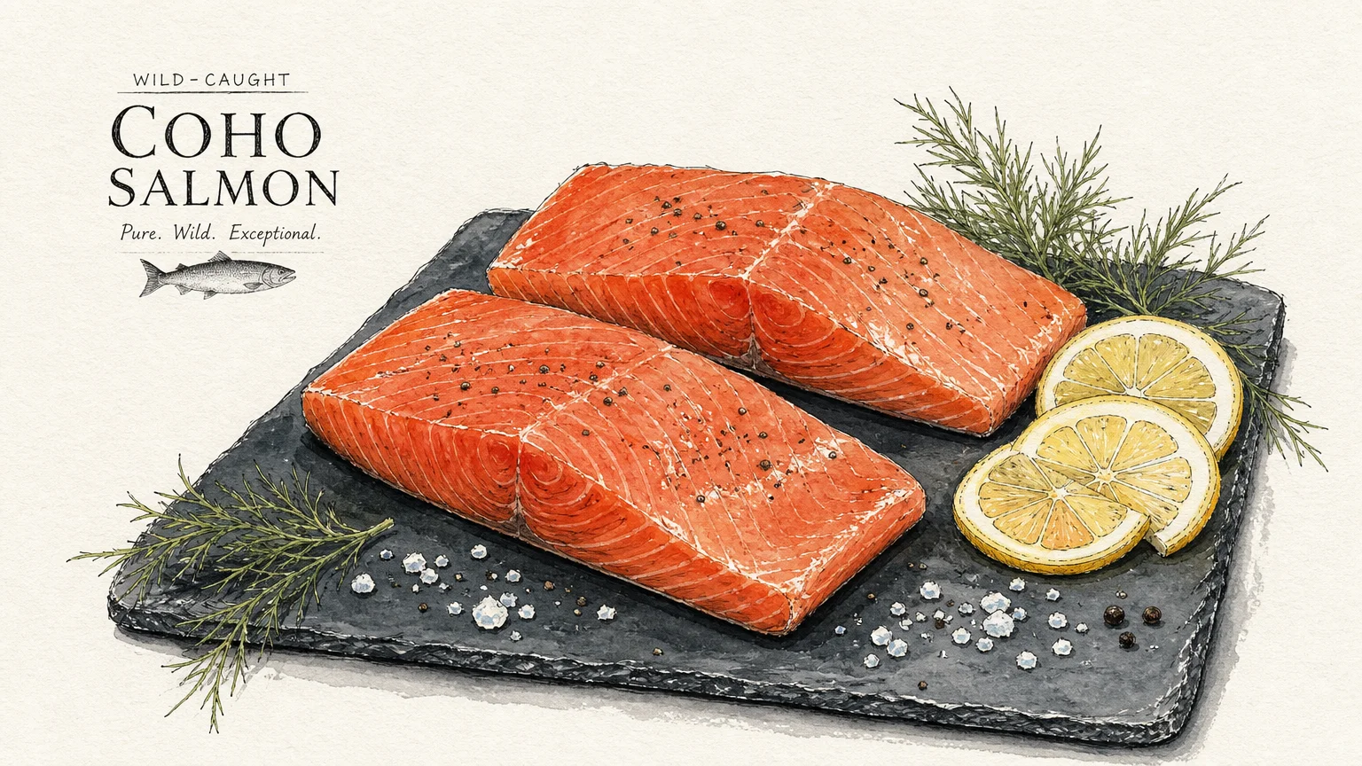 A warm gouache and ink illustration of two fresh pink salmon fillets garnished with lemon slices and dill on a slate board.