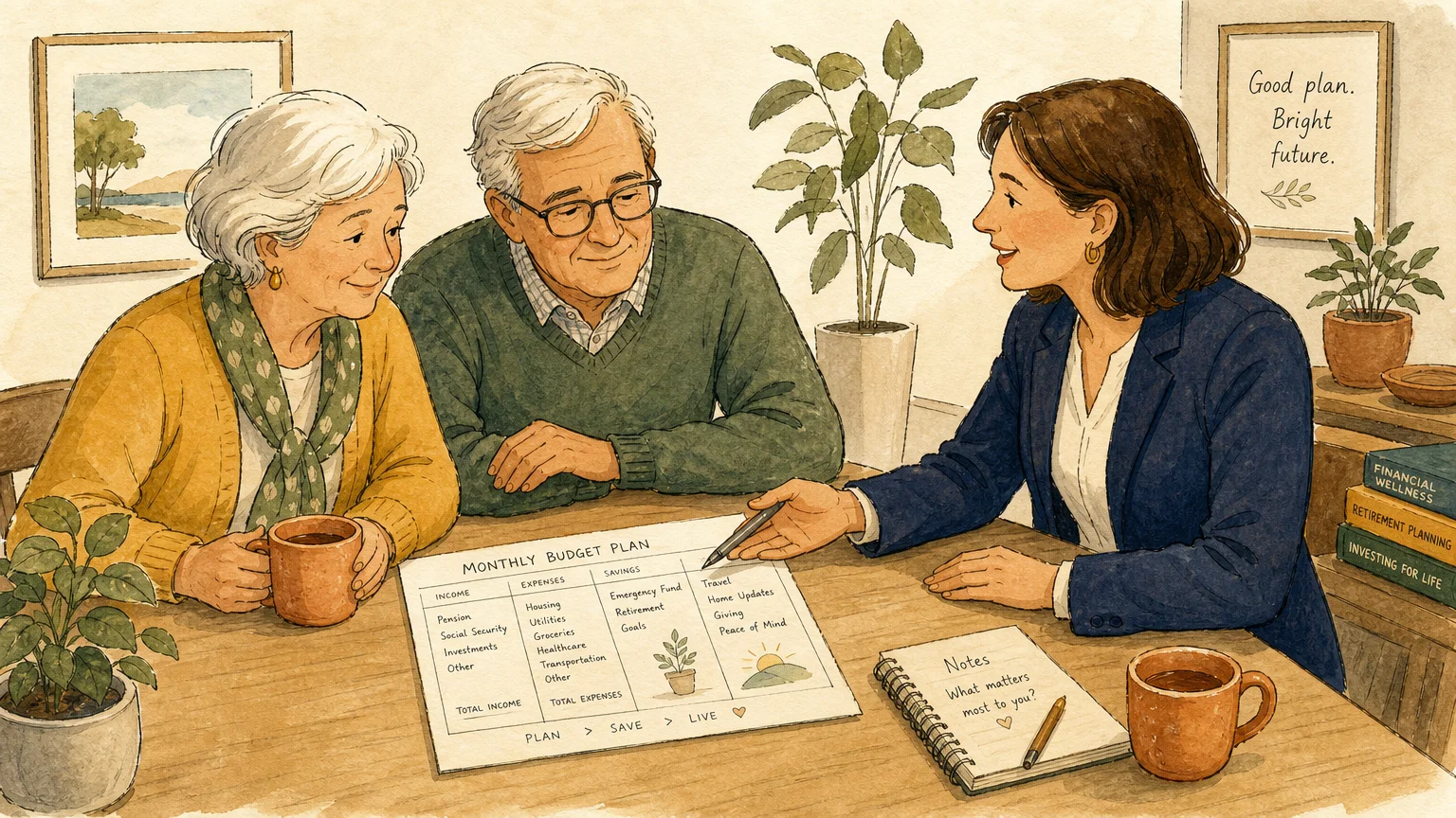 A warm gouache illustration of an older couple and an advisor sitting at a table reviewing a budget planner together.