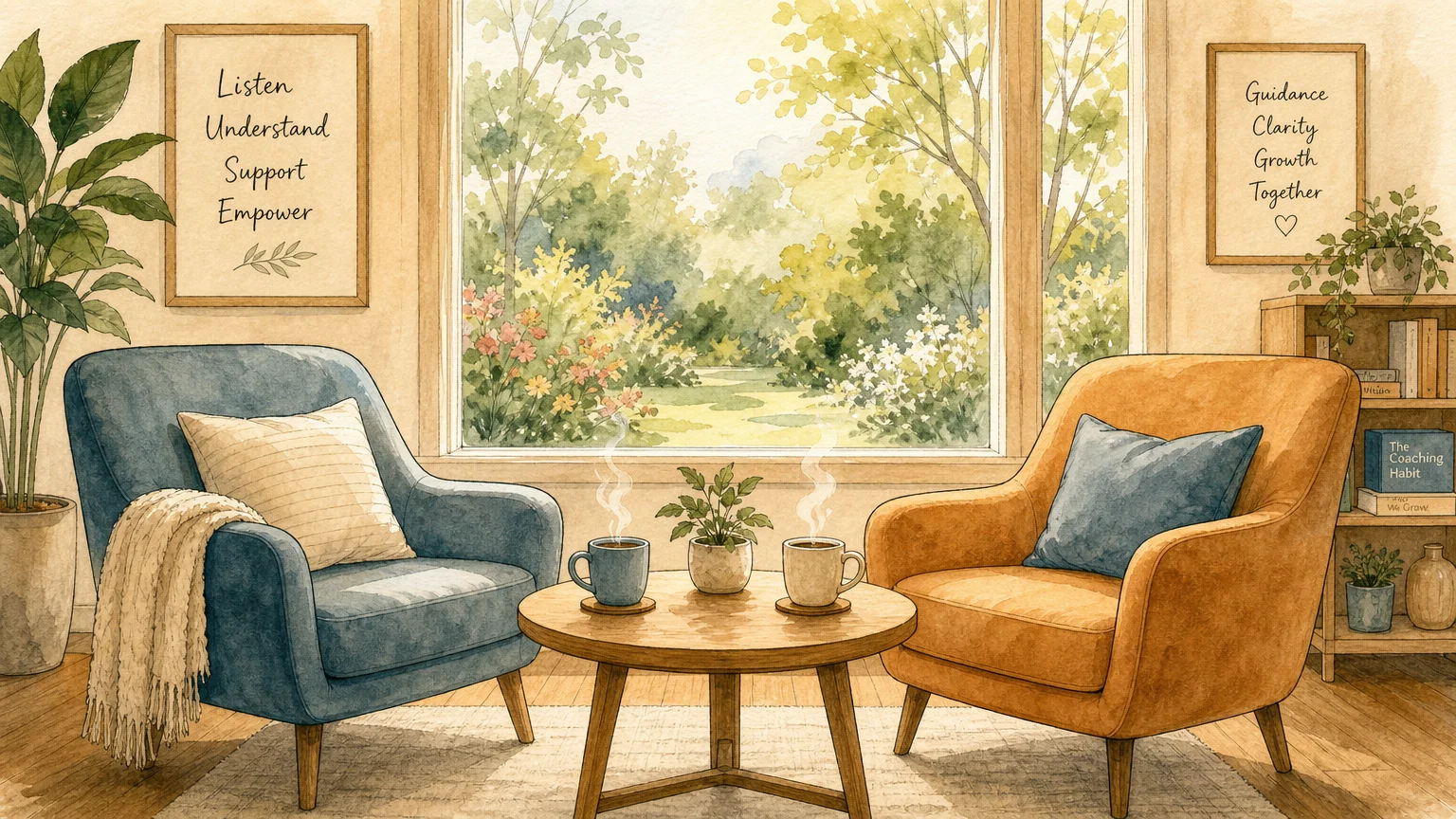 A warm ink and watercolor illustration of two armchairs facing each other next to a sunny window.