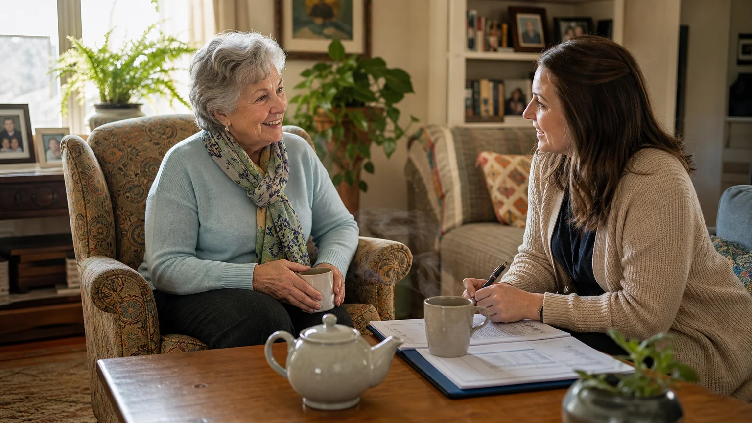 A warm photograph of a senior woman discussing her finances with a friendly advisor over tea in her living room.