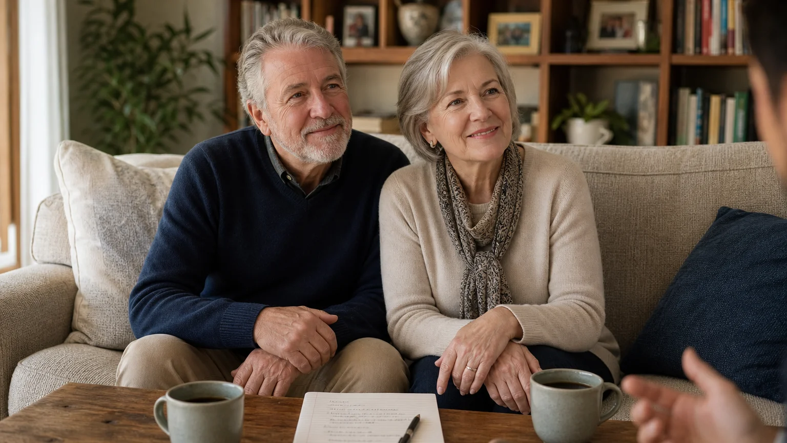 A warm photograph of an older couple sitting on their sofa, smiling and listening intently during a financial consultation at home.