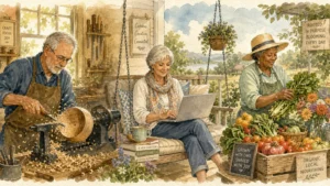 A warm watercolor illustration showing three retired individuals working on crafts, writing on a porch, and tending a garden stand.
