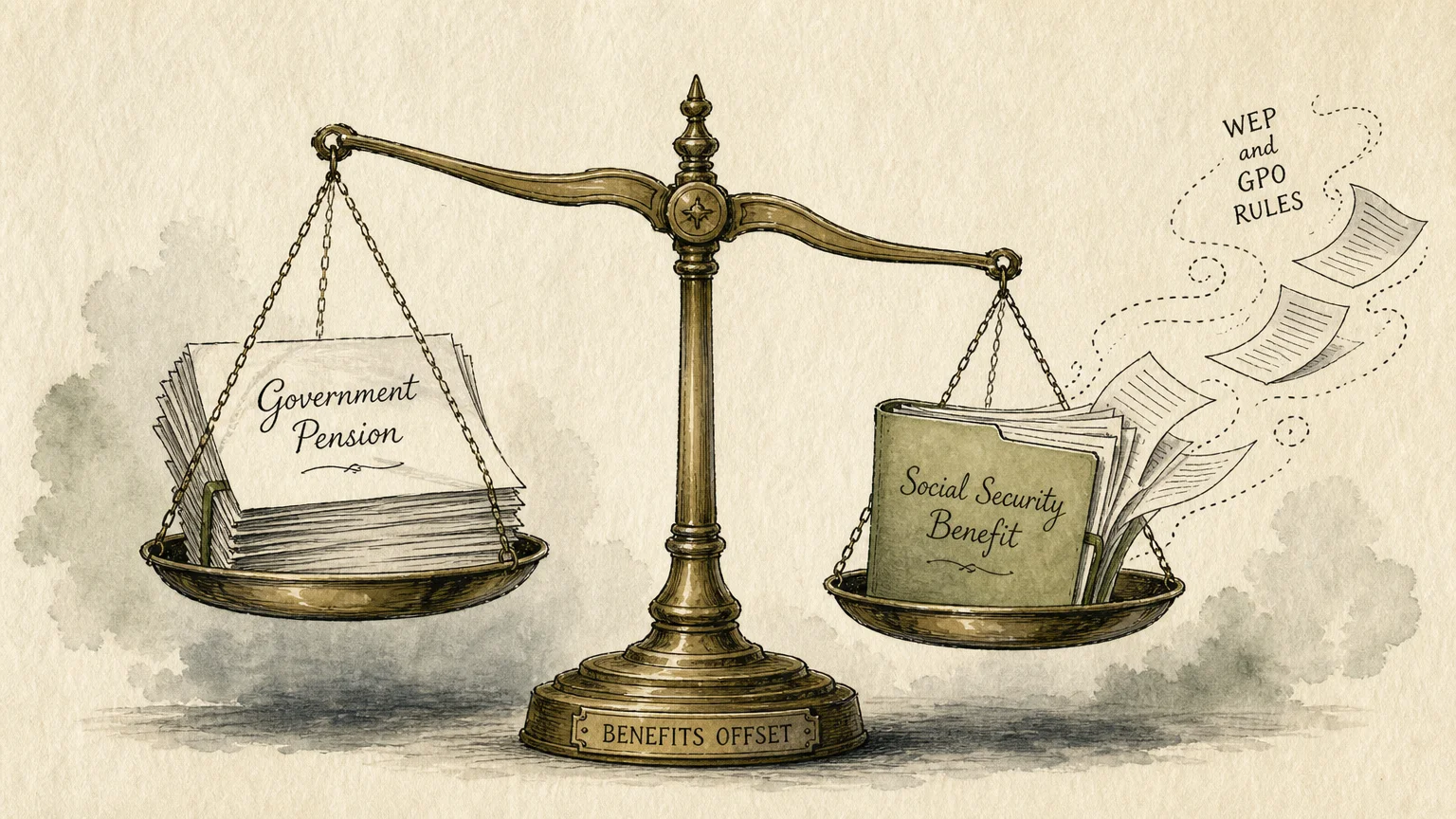 A watercolor illustration of a brass scale, showing a government pension offsetting a portion of Social Security benefits.