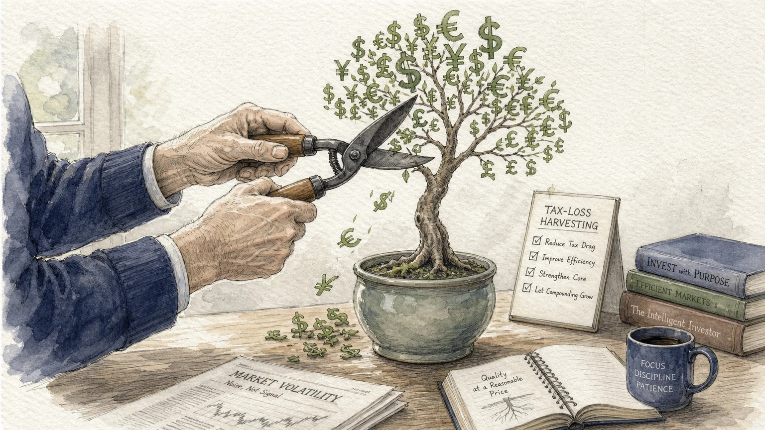 A watercolor illustration of a person pruning a money tree, symbolizing strategic tax planning and efficiency.