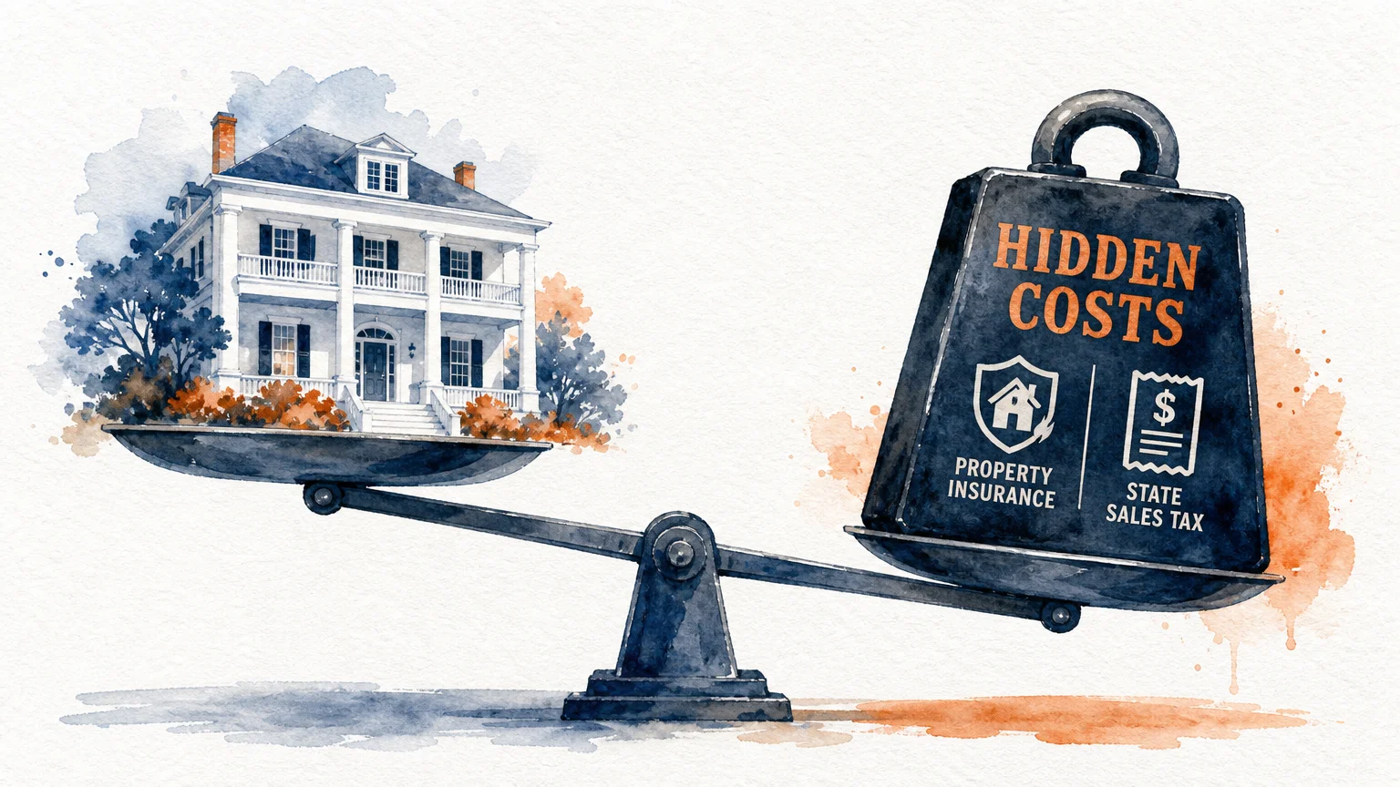 A watercolor illustration of a scale tipping toward a weight labeled 'Hidden Costs'.