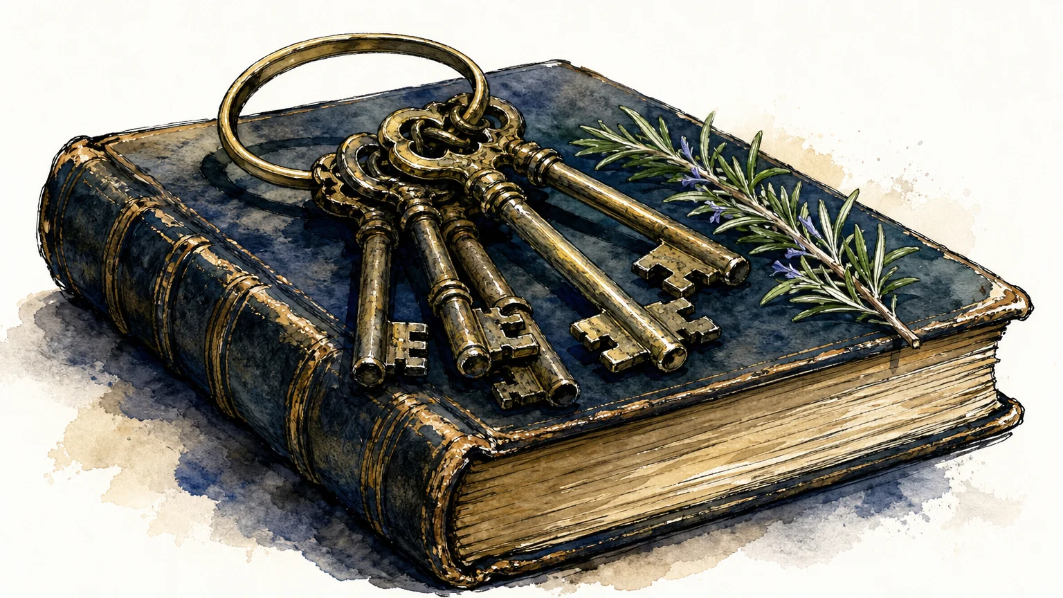 A watercolor illustration of a set of brass keys resting on a leather book, symbolizing the protection of a life's legacy.