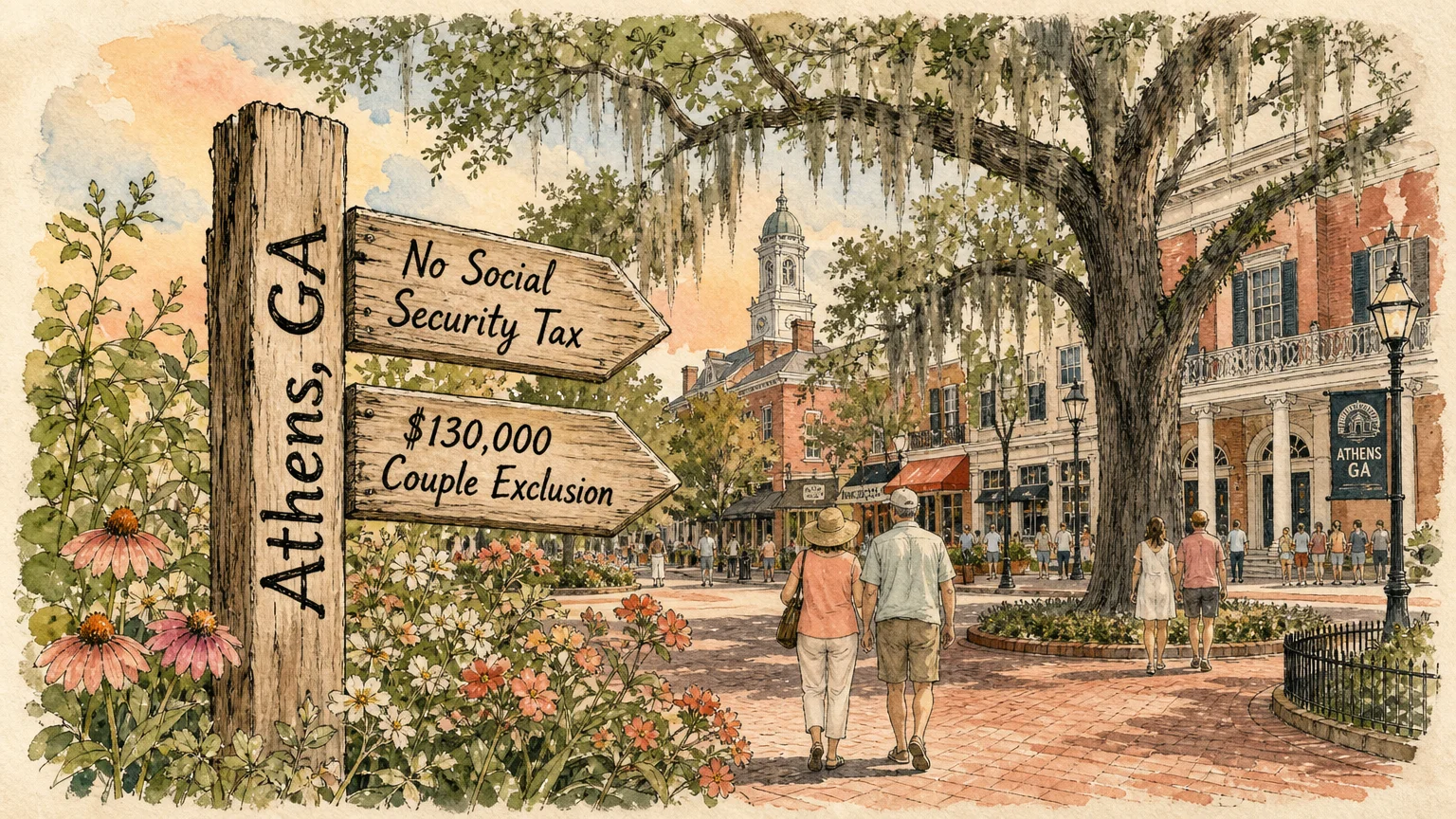 A watercolor illustration of a signpost in Georgia indicating tax exclusions of $130,000 for couples and no tax on Social Security.