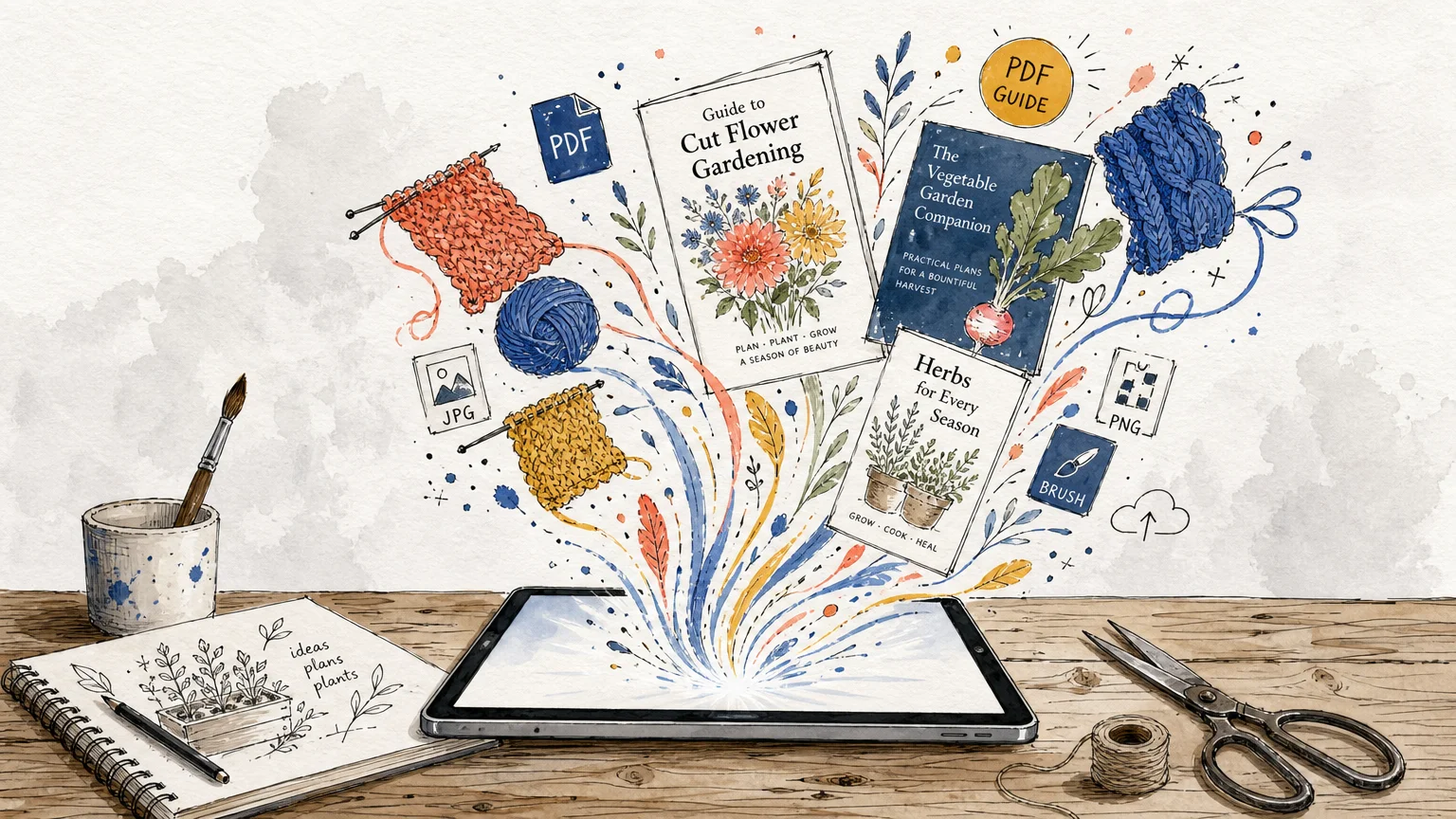 A watercolor illustration of a tablet with creative digital guides and patterns floating out of the screen onto a workspace.