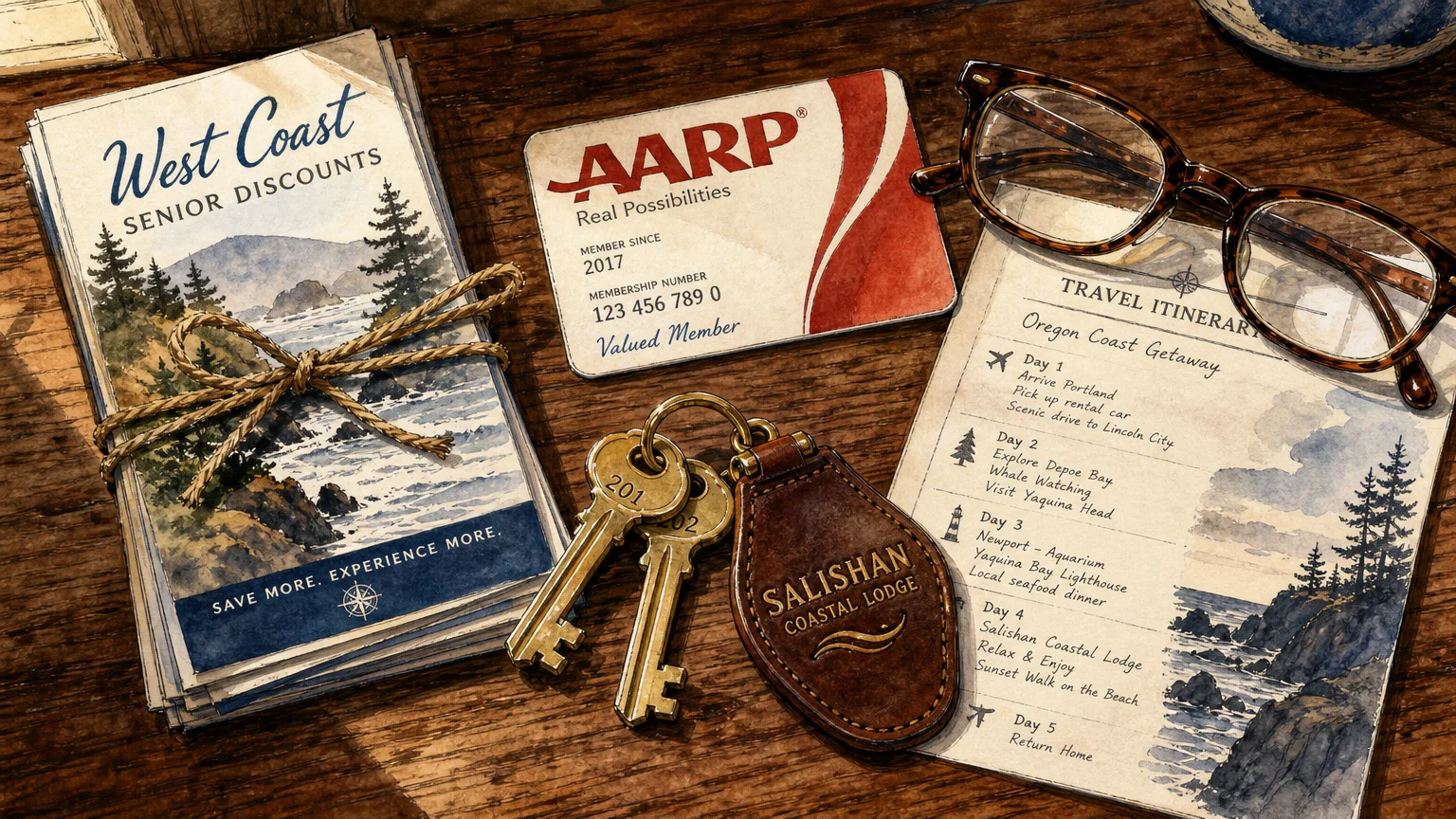 A watercolor illustration of an AARP card, resort room keys, and travel documents on a wooden table.