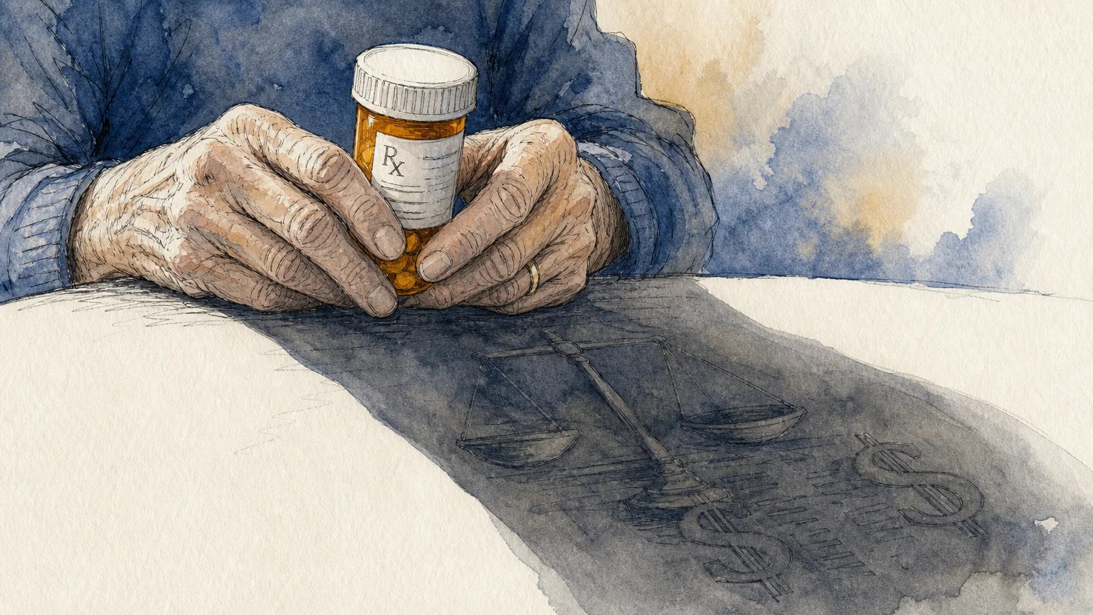 A watercolor illustration of an older hand holding a prescription bottle that casts a heavy, financially symbolic shadow.