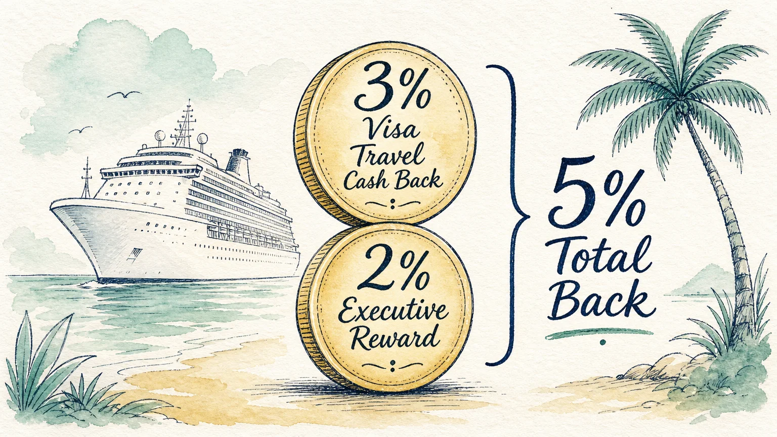 A watercolor illustration of stacked coins representing a two percent Executive reward and three percent Visa cash back, totaling five perce